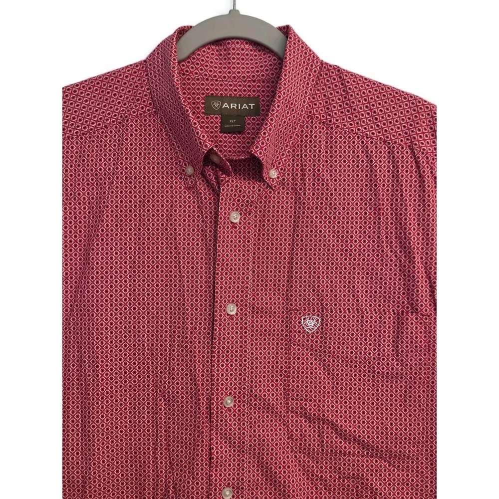 Ariat Mens XLT Red Geometric Print Short Sleeve Button Down Western Shirt Tall